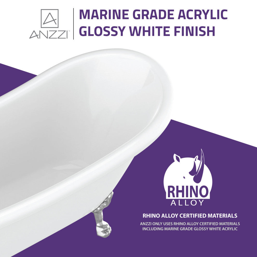 ANZZI Diamante 67.32" White Acrylic Slipper Claw Foot Tub, Lion's Paw Feet
