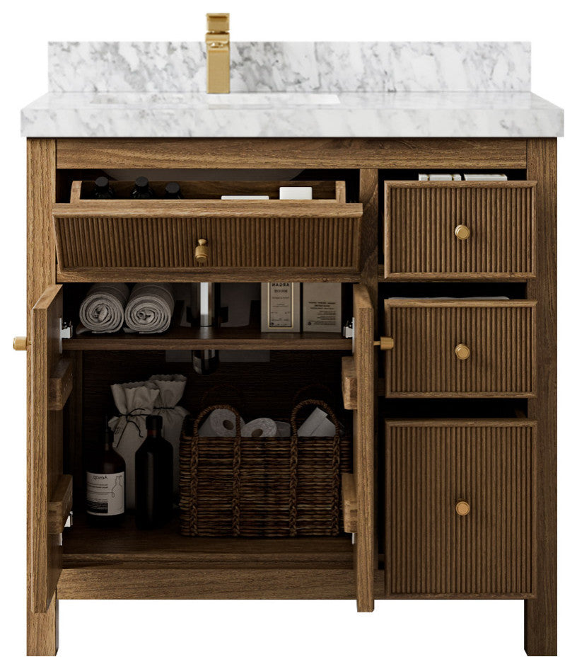 Sonoma Teak 36 Left Offset Bath Vanity in Dark Natural with 2" Carrara Marble