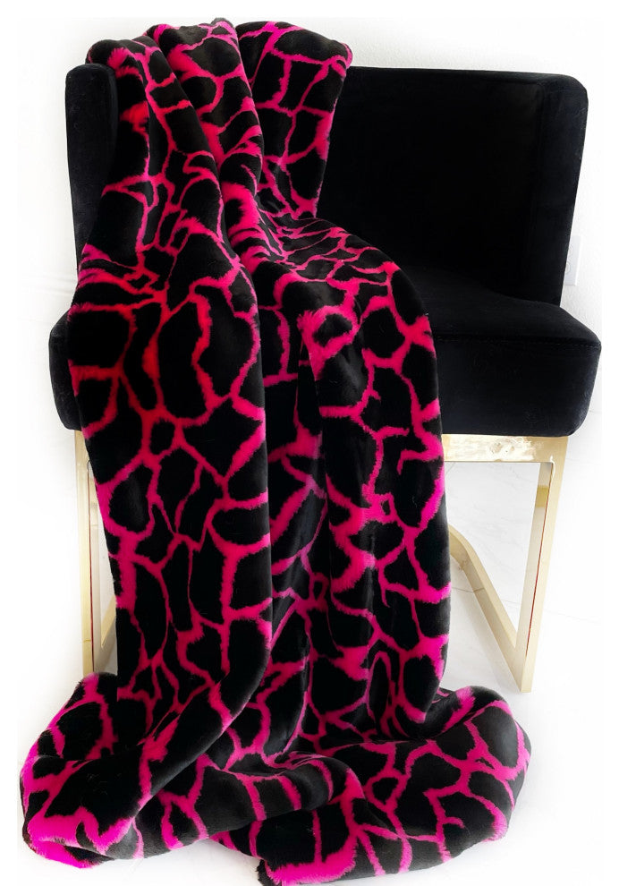 Pink Black Plush Faux Fur Luxury Throw Blanket, Blanket 108Lx90W Full - Queen