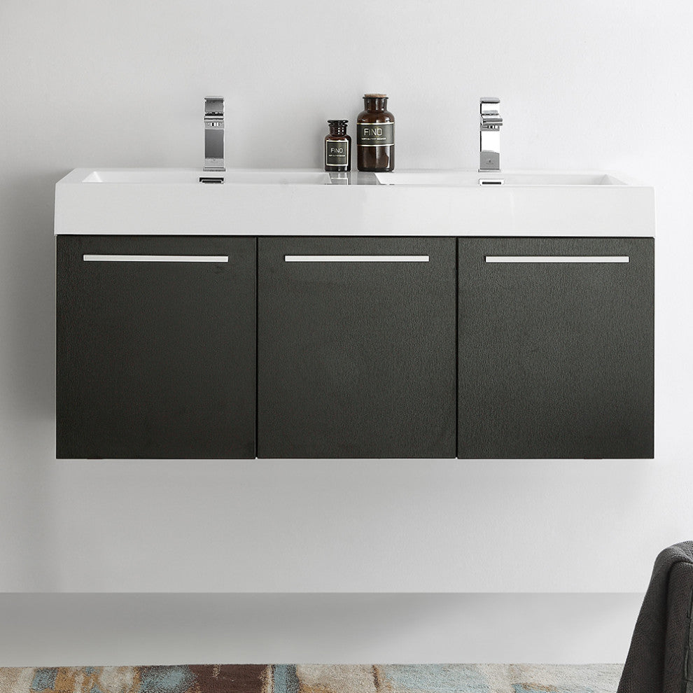 Vista 48" Black Wall Hung Double Sink Modern Bathroom Cabinet w/ Integrated Sink