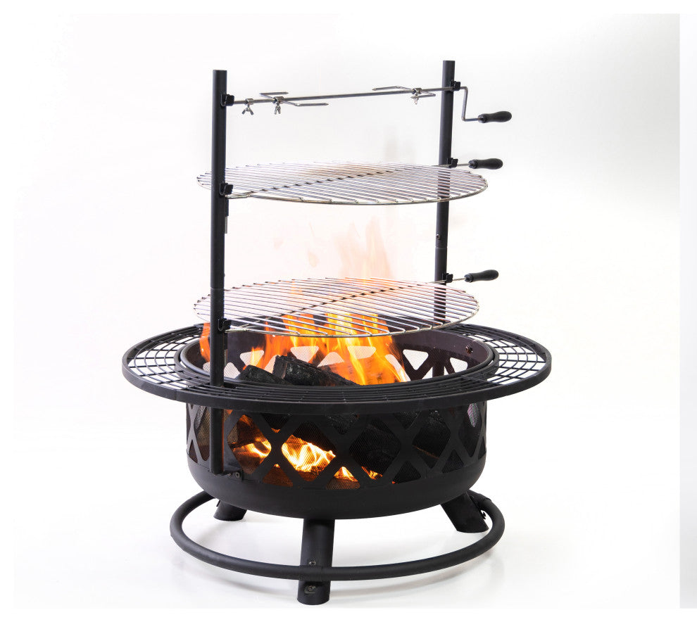 33" Diameter Outdoor Steel Woodburning Fire Pit Grill and Rotisserie