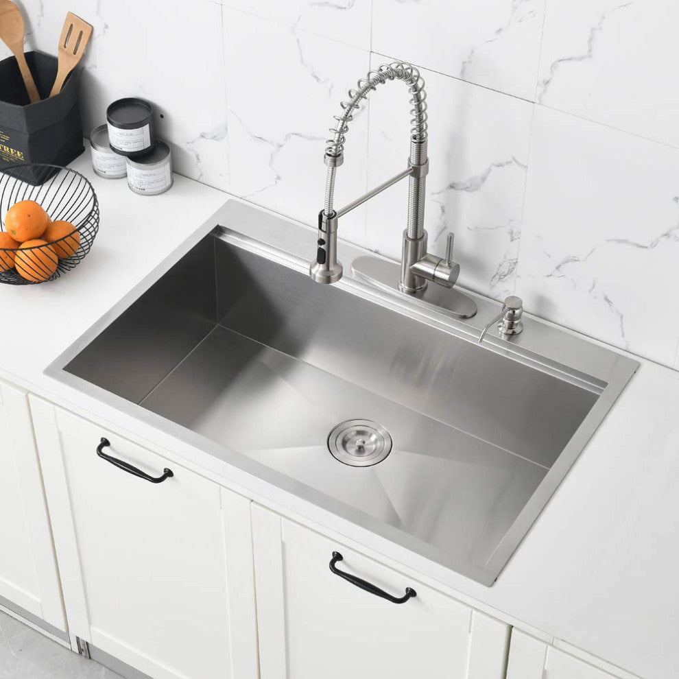 33" L X 22" W Premium Stainless Steel Kitchen Sink, Brushed Nickel