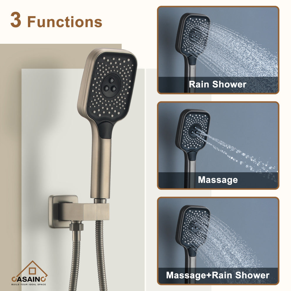 CASAINC 12" Ceiling Mounted Rainfall Shower System Set w Dual Shower Head, Brushed Nickel