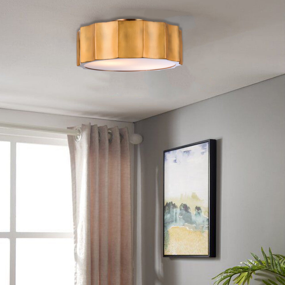 Iron Wave Flushmount Light With White Frosted Acrylic Cover, Brass