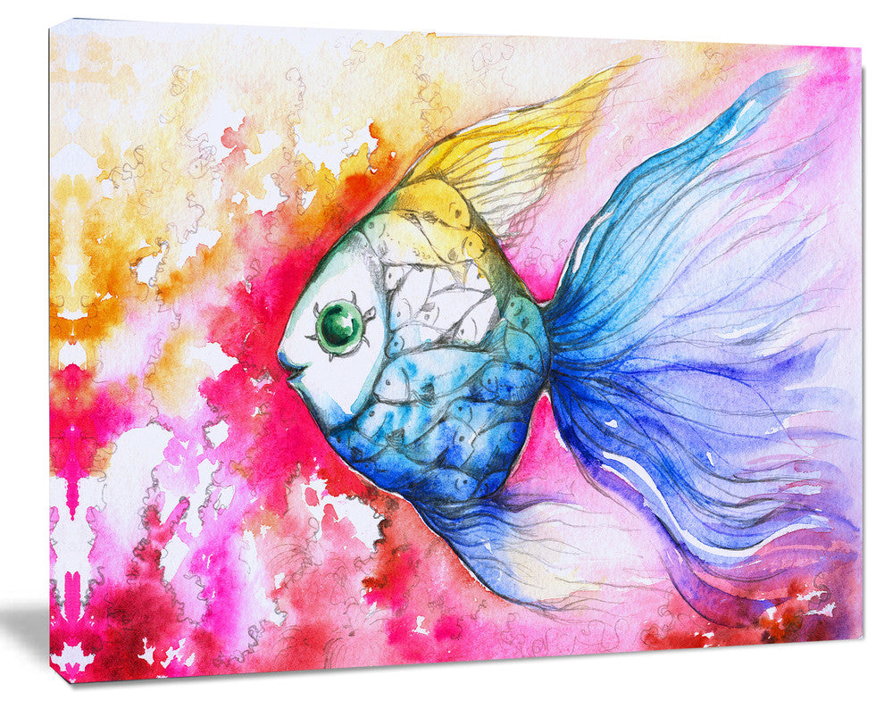 Blue Fish on Red Background, Animal Canvas Art Print, 20"x12"