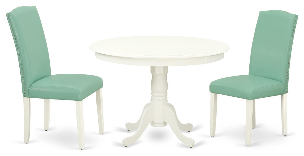 3Pc Round 42" Dining Table, Two Parson Chair, White Leg, Pu Leather Color Pond