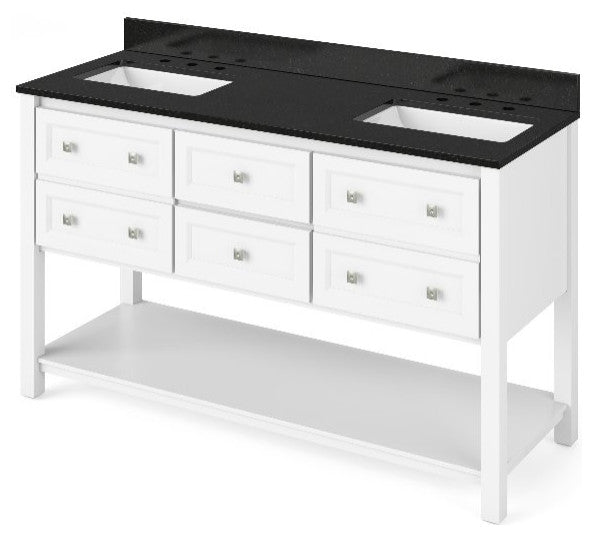 Adler Transitional 60" White Double Sink Vanity, Black Granite Vanity Top