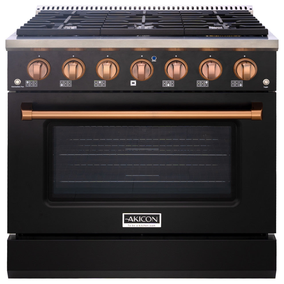 36" Slide-in Freestanding Gas Range & 5.2 Cu. Ft. Oven, 6 Burners. Matte Black, Matte Black & Copper
