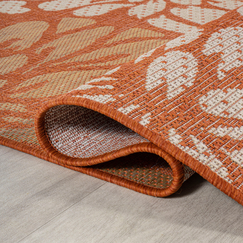 Zinnia Modern Floral Textured Weave Indoor/Outdoor, Orange/Cream, 2x10