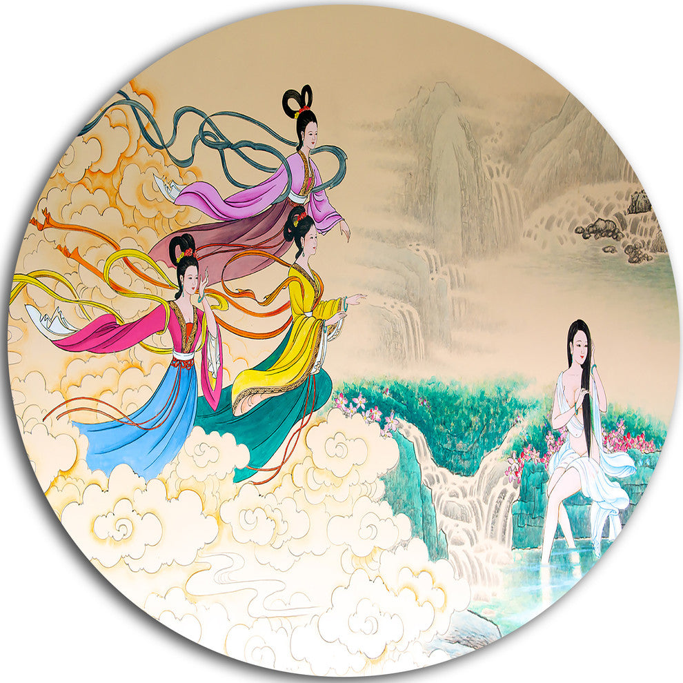 Classical Chinese Painting, Abstract Large Disc Metal Wall Art, 23"