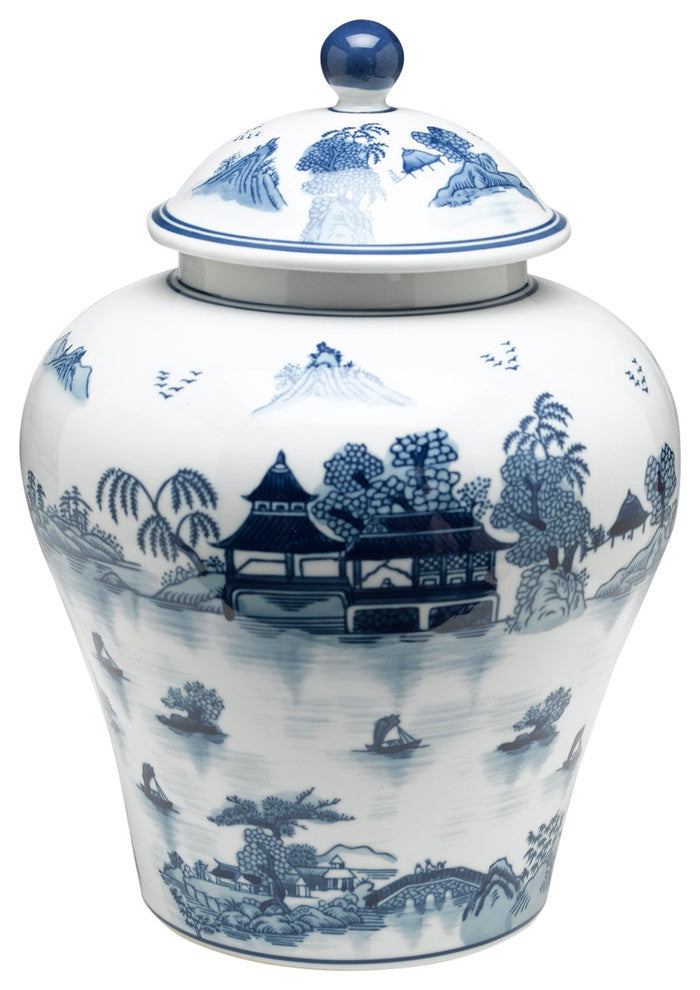 Blue and White Ginger Jar With Lid