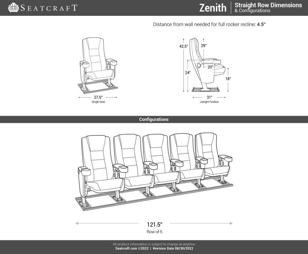 Seatcraft Zenith Movie Theater Seating, Black, Row of 5