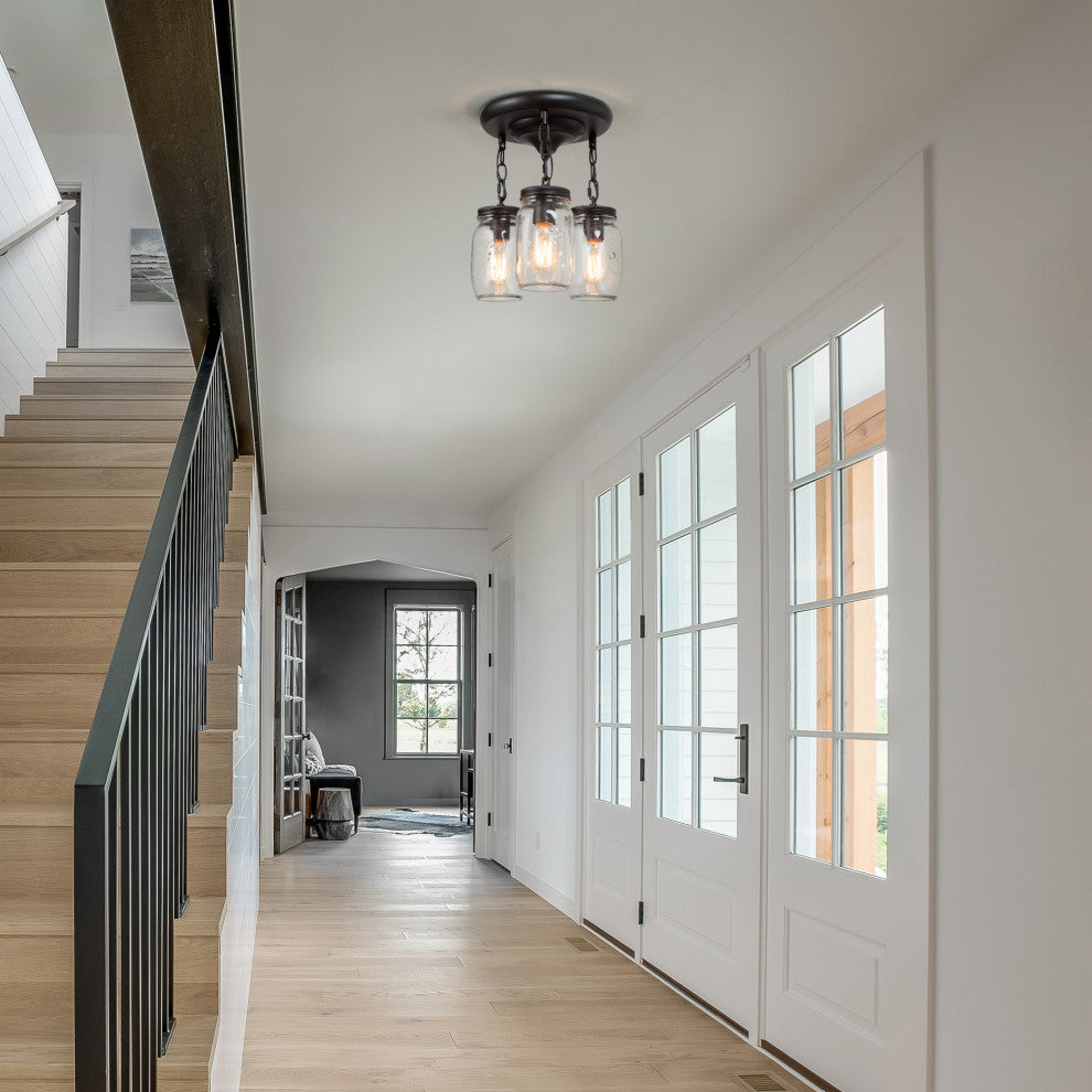 3-Light Glass Mason Jar Hanging Ceiling Pendant Fixture