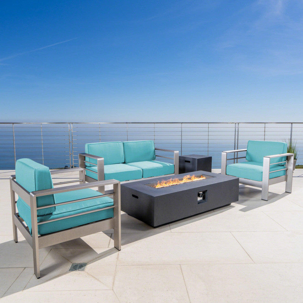 5-Piece Coral Bay Chat Set With Fire Pit, Canvas Aruba Sunbrella/Silver/Dark Gray