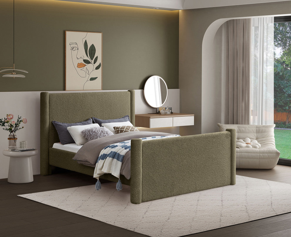 Elias Upholstered Bed, Green, Queen, Boucle Fabric