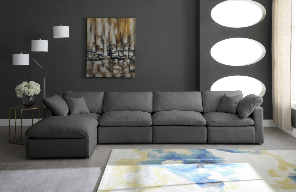 Plush Velvet / Down Standard Comfort L-Shaped Modular Sectional, Gray, 5-Piece: 2 Armless Chair, 2 Corner Chair, 1 Ottoman
