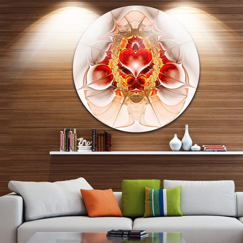 Red Symmetrical Fractal Heart, Abstract Large Disc Metal Wall Art, 11"