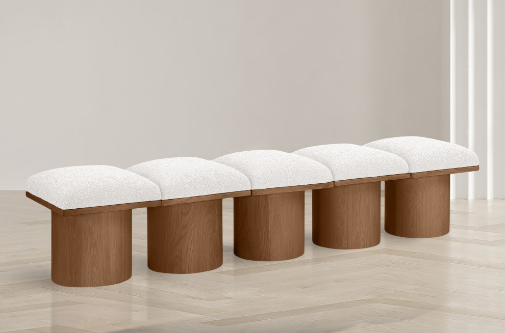 Pavilion Boucle Fabric Upholstered 5-Piece Modular Bench, Cream, Walnut Finish