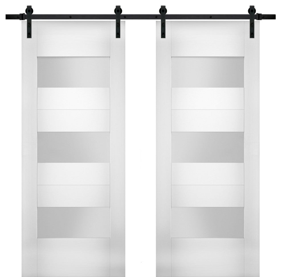 Double Barn Doors Opaque Glass / Sete 6003 White Silk / 13FT Rail, 72" X 80" ( 2* 36x80)