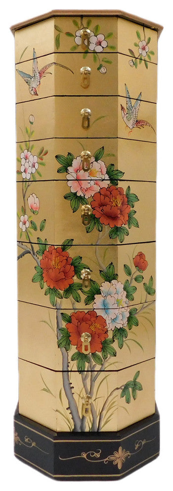 Asian Gold Leaf Lacquer Painted Pedestal With Drawers