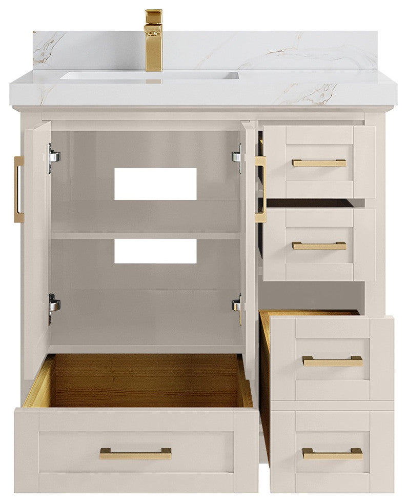 Boston 36" Left Offset Bath Vanity in Fine Grain 2" Calacatta Sienna