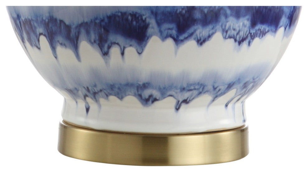 Tucker 30.5" Striped Ceramic and Metal LED Table Lamp, Blue, White