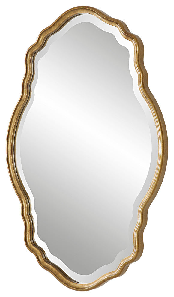 33 Inch Wood Wall Mirror, Elongated Quatrefoil, Gold