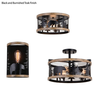 Kodiak 16" 3 Light Semi-Flush Black and Burnished Teak