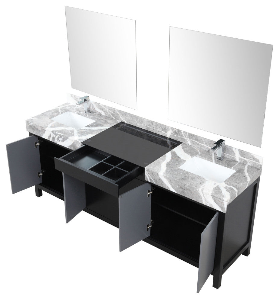 Zilara Black and Grey 84" Double Vanity Set, Monte Chrome Faucet Set