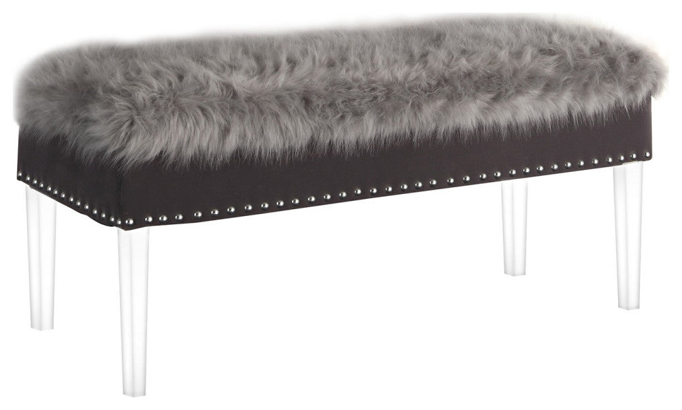 Contemporary Chic Gray Faux Fur and Clear Acrylic Storage Bench