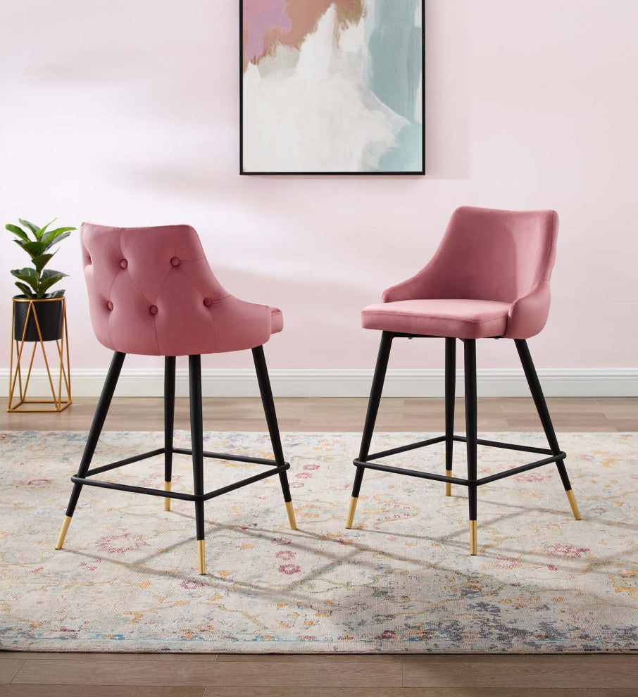 Counter Stool Chair, Set of 2, Velvet, Pink, Modern, Bar Cafe Bistro Restaurant