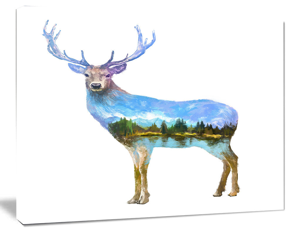 Deer Double Exposure Illustration, Large Animal Canvas Art Print, 60"x28"