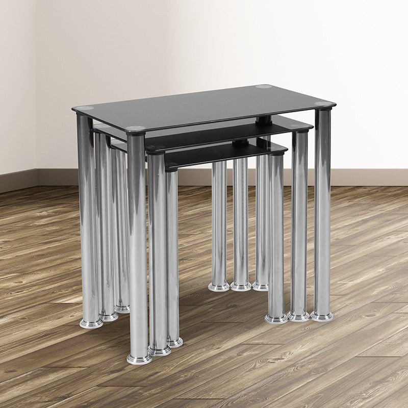Black Glass Nesting Tables With Stainless Steel Legs
