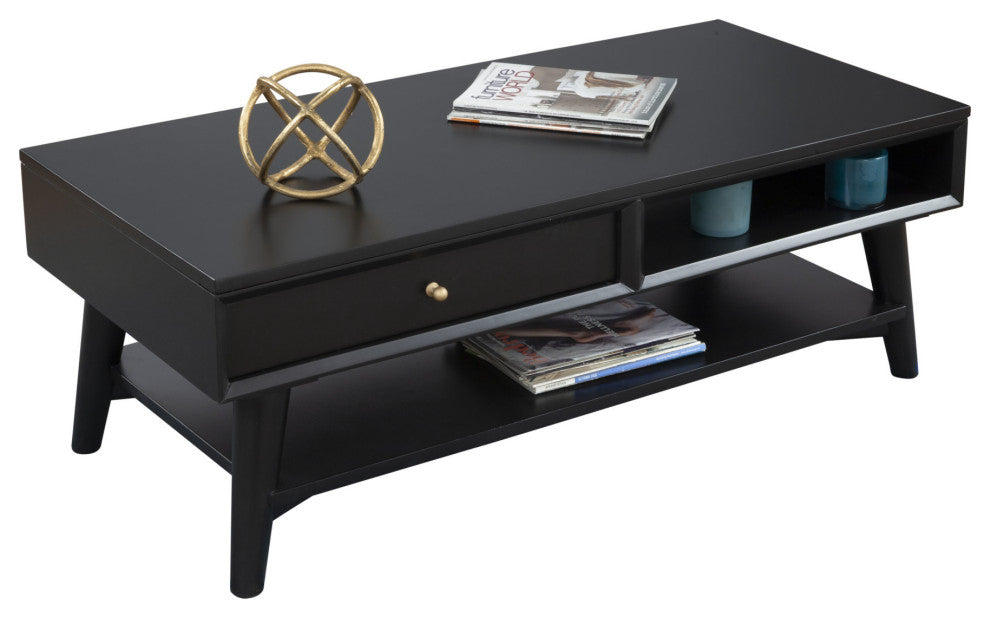 48" Black Solid And Manufactured Wood Coffee Table With Drawer