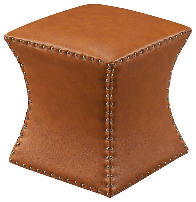 Rylen Nailhead Trim Upholstered Square Stool Ottoman, Brown