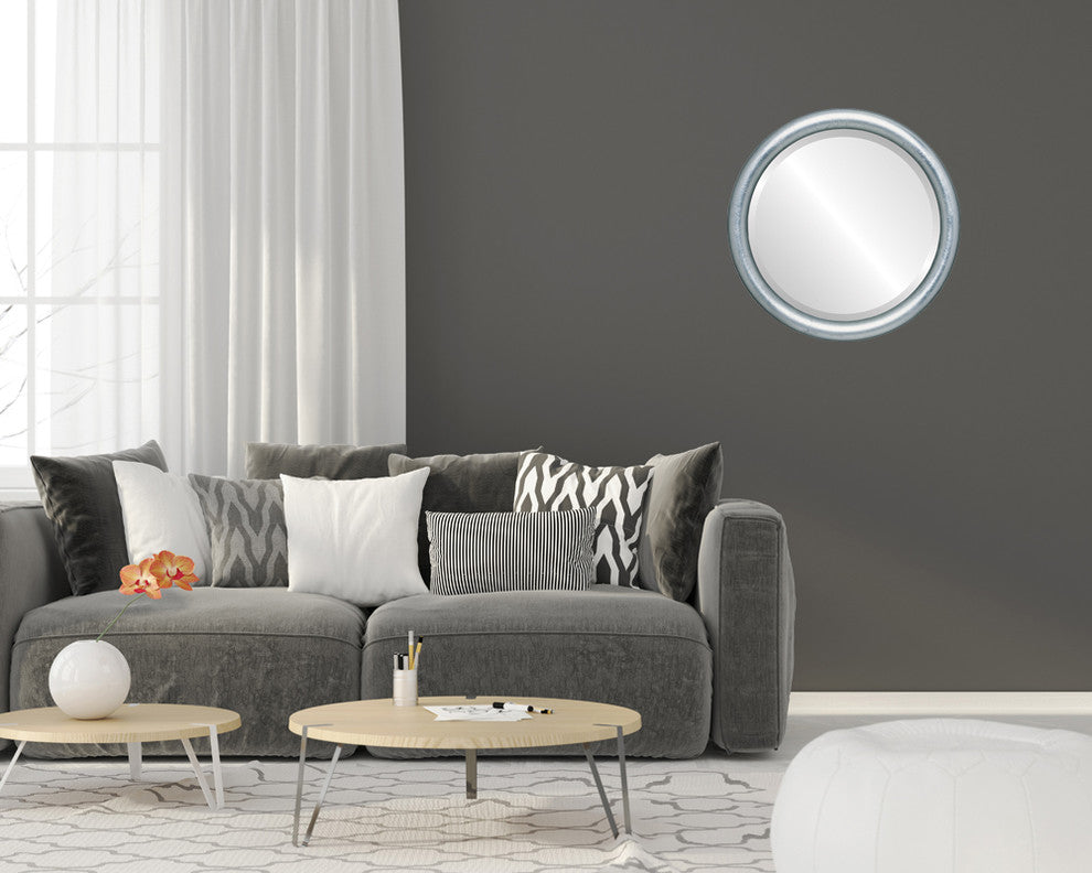 Pasadena Framed Round Mirror, Silver Leaf With Black Antique, 25"x25"