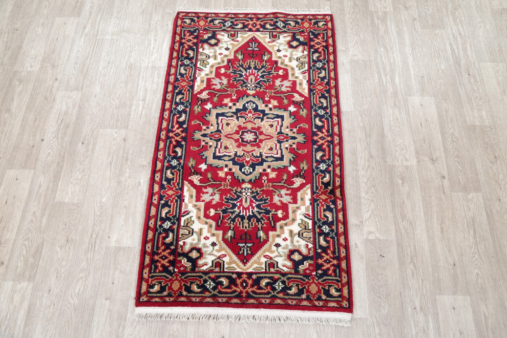 Hand-Knotted Heriz Oriental Traditional Indian Area Rug, Red, 5'4"x3'0