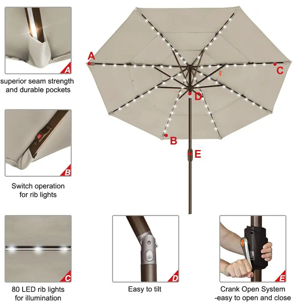 Patio Umbrella With LED Rib Lights and Fadeproof 3 Tier Fabric Canopy, Antique Beige