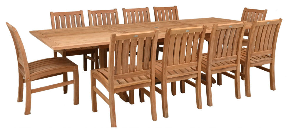 11 Piece Teak Wood Dining Set, Rect Double Extension Table, 10 Abaco Side Chairs