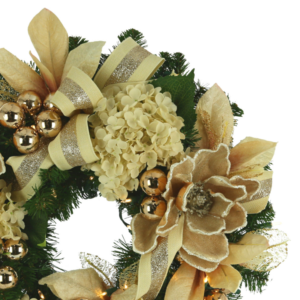 28" Evergreen Holiday Wreath with Hydrangeas, Magnolias, Bows and Lights