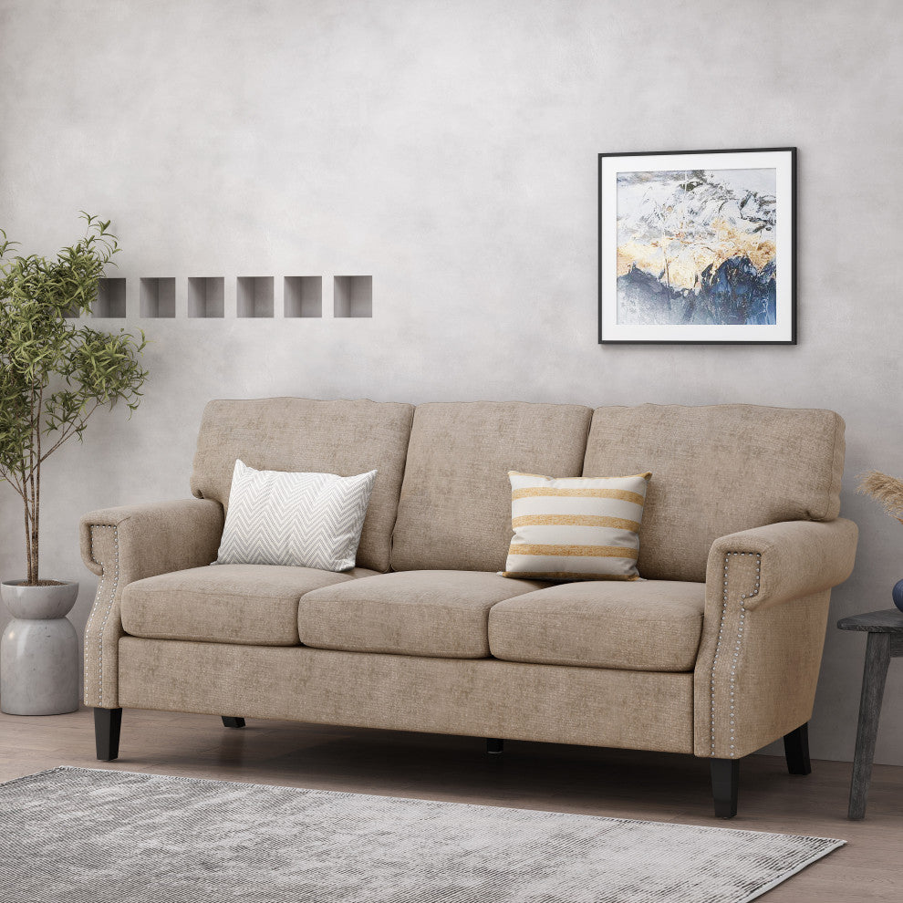 Dobles Contemporary Fabric 3-Seater Sofa, Nailhead Trim, Sand/Dark Brown