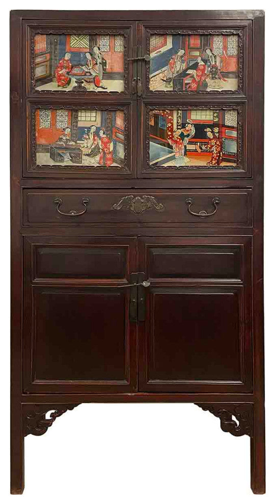 Consigned Antique Chinese Carved Fujian ArmoireWith Reverse Painting Glass Doors