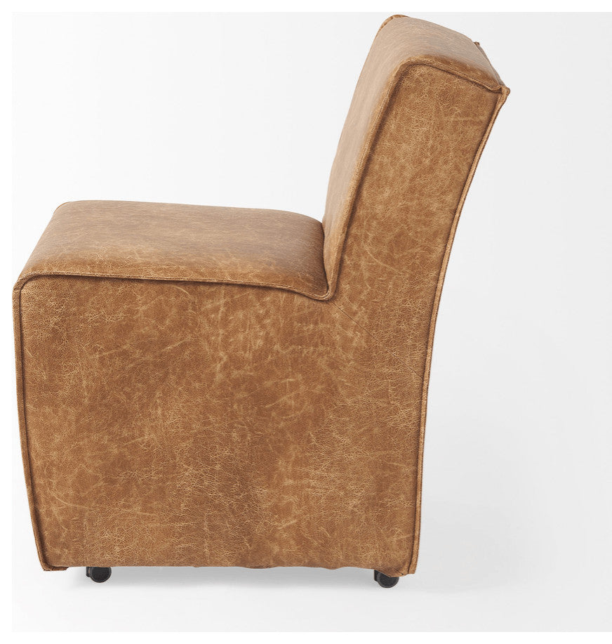Set of Two Brown Upholstered Faux Leather Side Chairs With Wheels