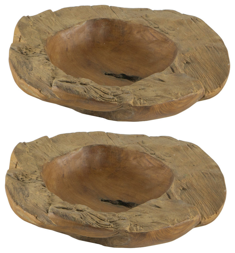 Benzara BM284953 2-Piece Set Teak Wood Table Bowls, Brown Finish