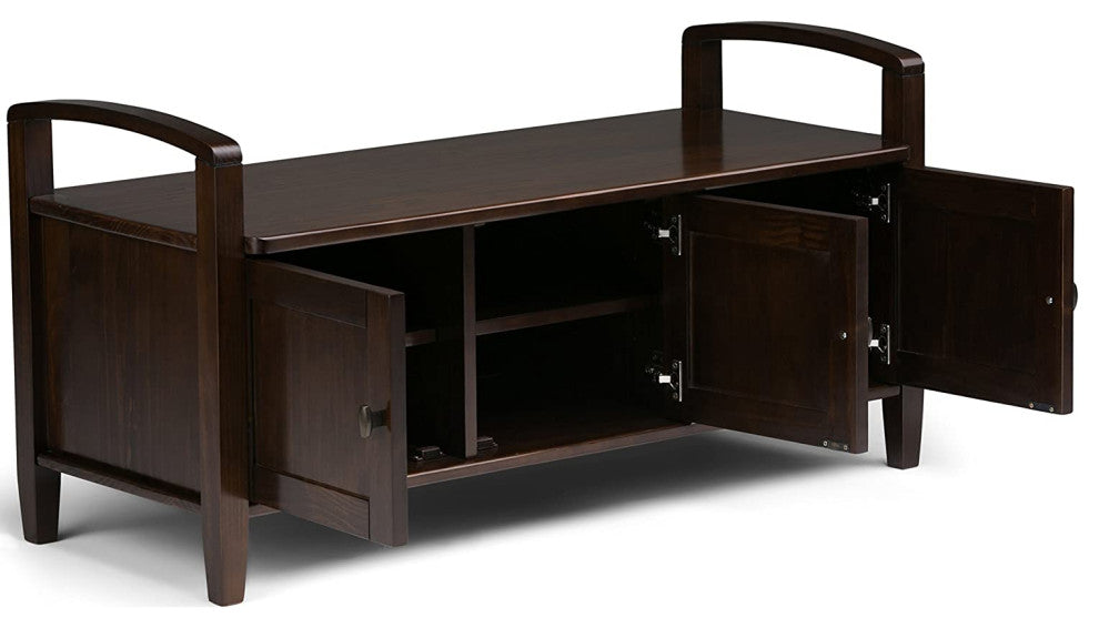 Rustic Storage Bench, Shaker Style Doors & Brushed Nickel Knobs, Tobacco Brown