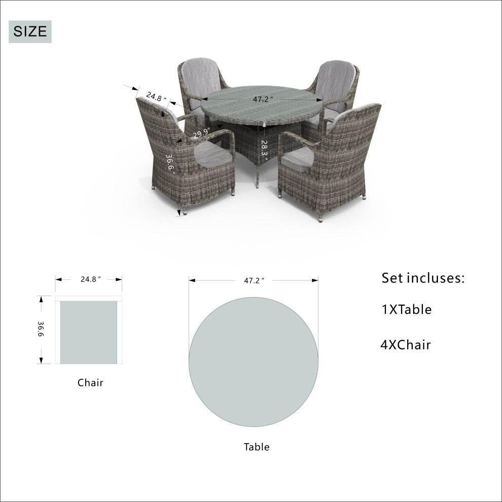 5-Piece Wicker Outdoor Round Dining Set with Grey Cushions
