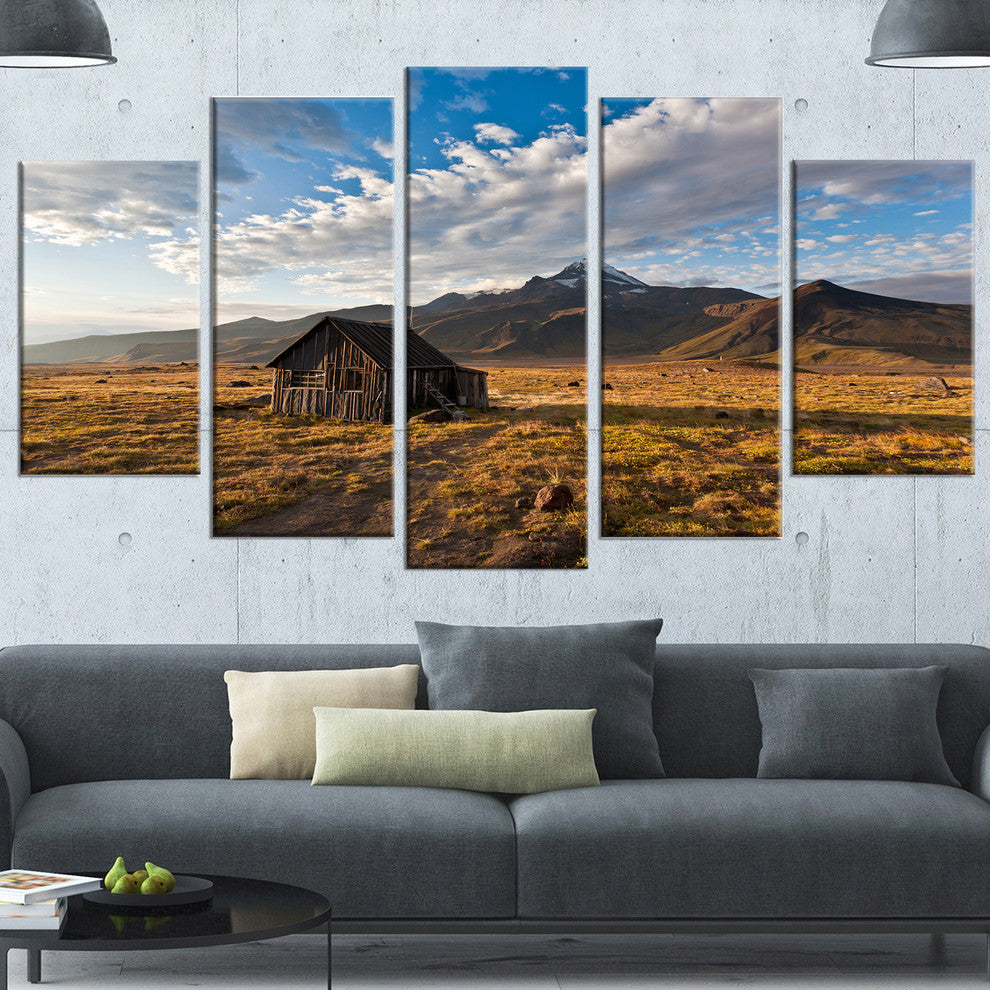 Old House on Kamchatka Island, Landscape Canvas Wall Art, 60"x32", 5 Panels