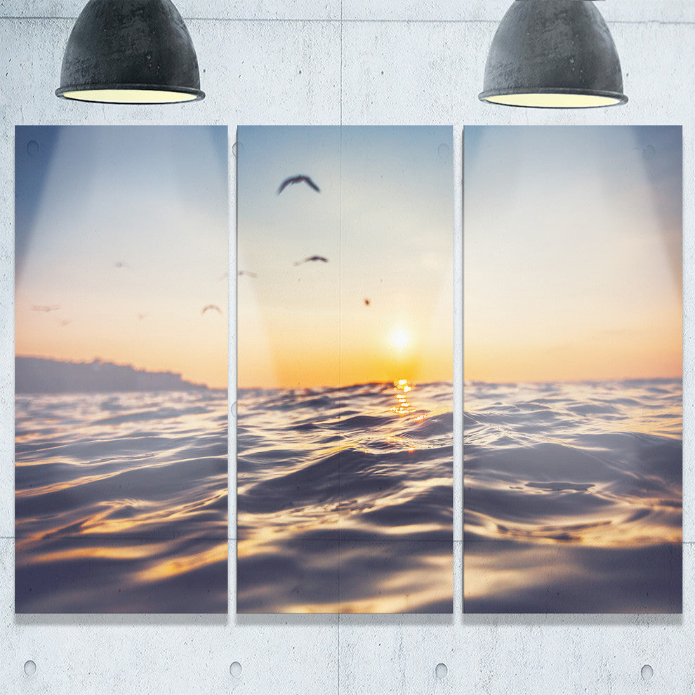 "Orange Tinged Sea Waters at Sunrise" Beach Metal Wall Art, 3 Panels, 36"x28"