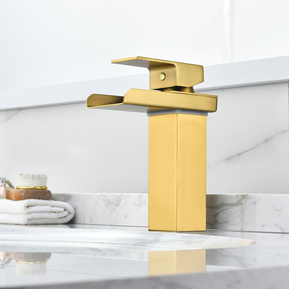 Sassor Single Hole Single-Handle Waterfall Bathroom Faucet, Brushed Gold