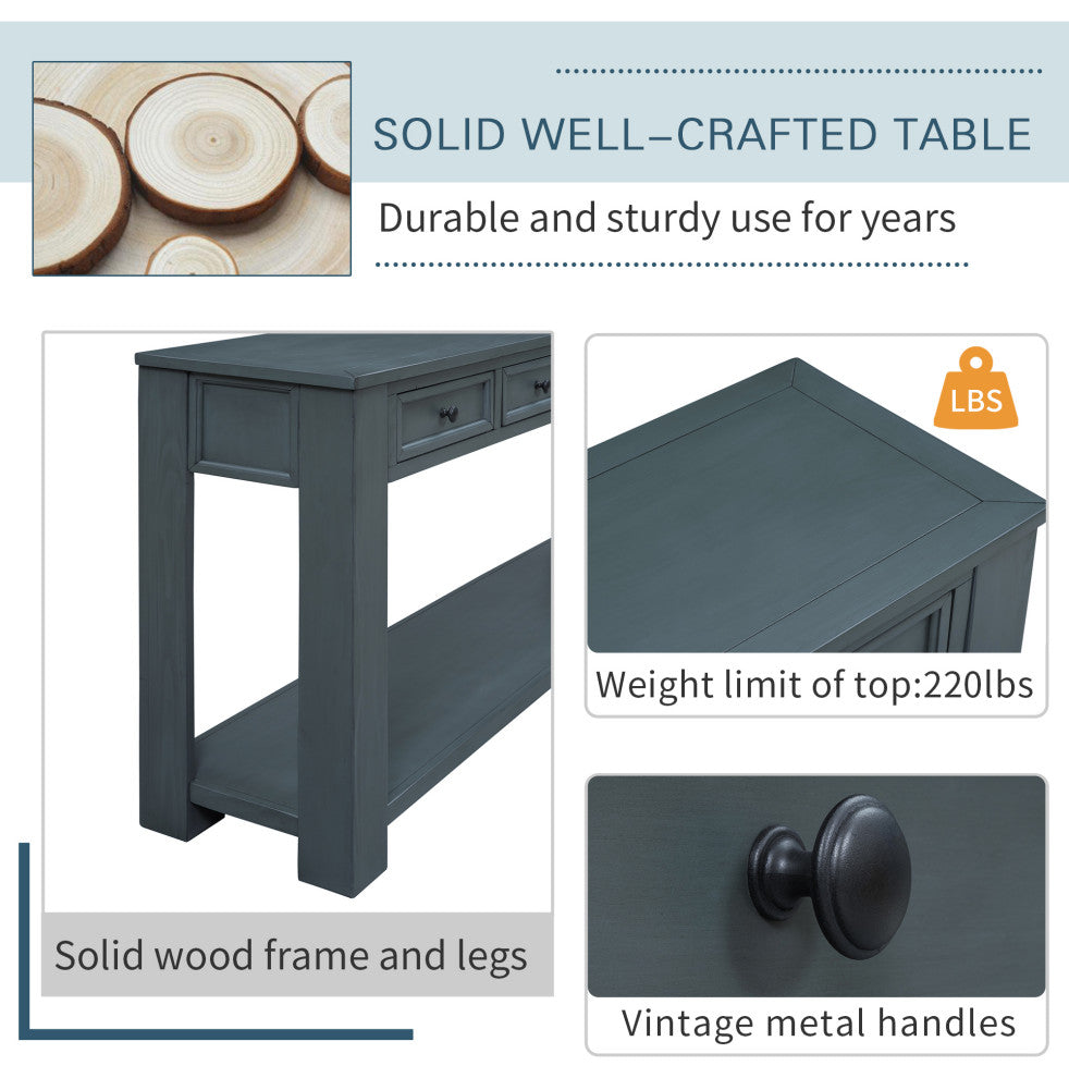 TATEUS 63" Console Table Hallway Sofa Table With Storage Drawers Bottom Shelf, Navy